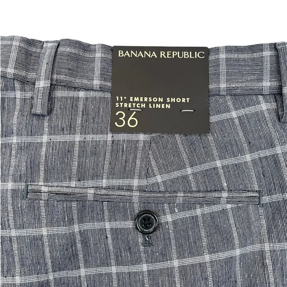NWT Banana Republic Emerson 11” Plaid Linen Blend Shorts Gray Size 36